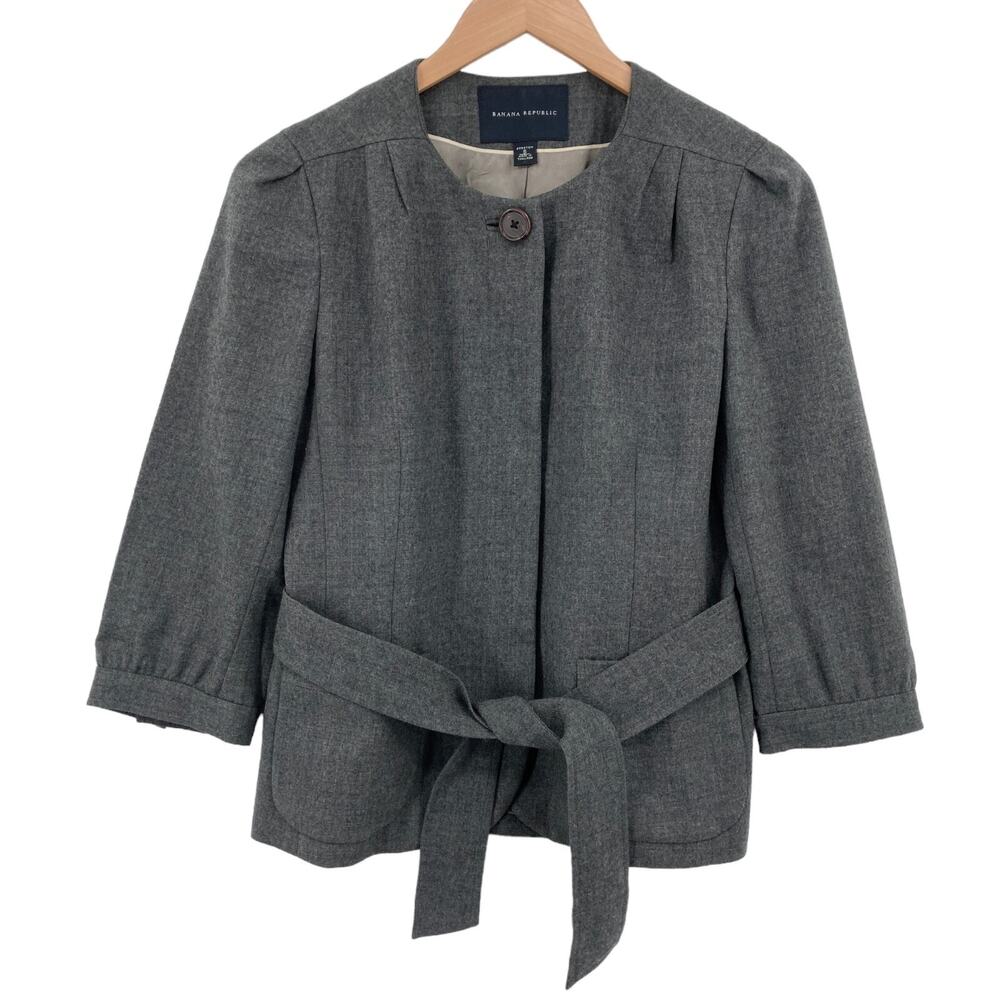 Banana Republic Jacket Womens Size 6 Gray Wool Round Neck Button Front Belted